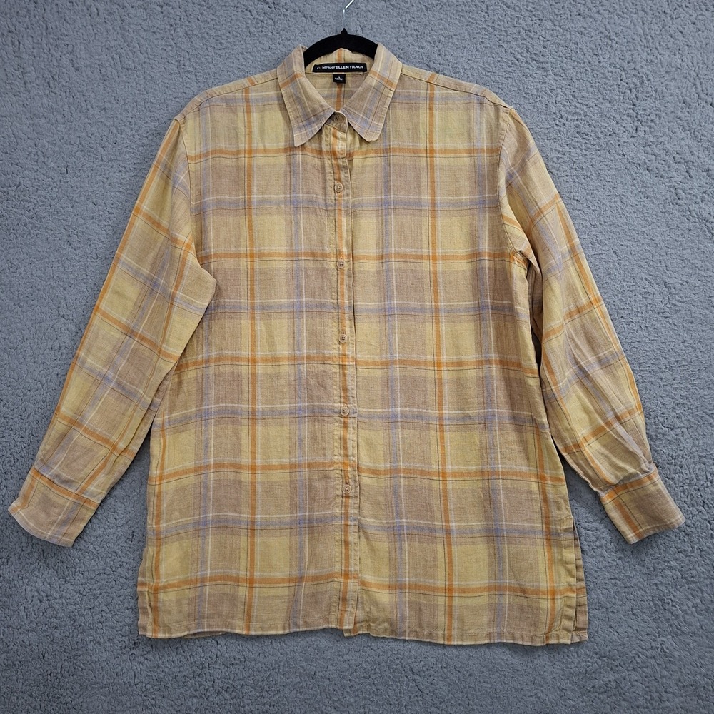 Ellen Tracy Womens Small 100% Linen Side Slit Button Up Blouse Yellow Plaid